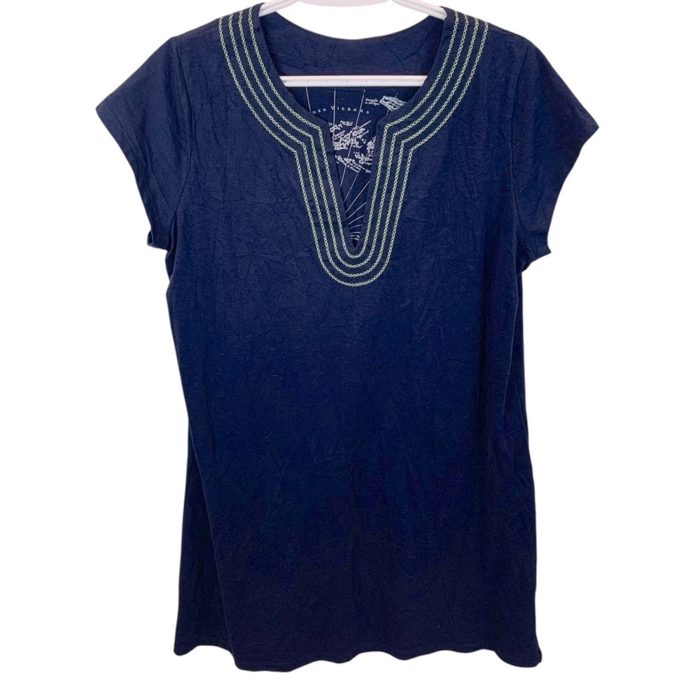 Hiho sz L Josie T-Shirt Dress Navy Blue Green Embroidered Neckline Cap Sleeve